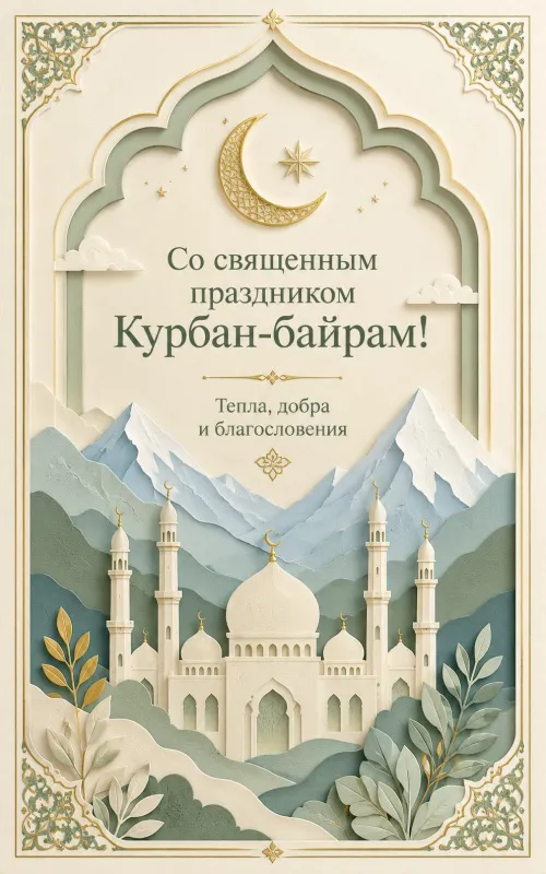Открытки с праздником Курбан-байрам. Открытки с мечетью и полумесяцем на Курбан-байрам