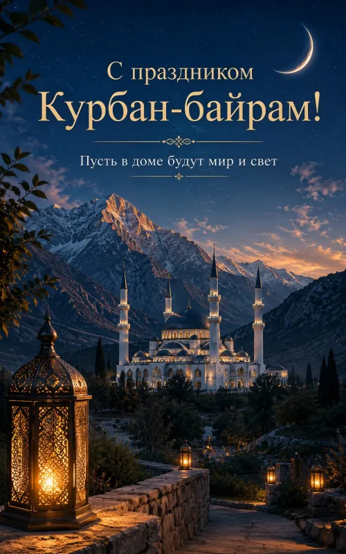 Открытки с праздником Курбан-байрам. Открытки с мечетью и полумесяцем на Курбан-байрам