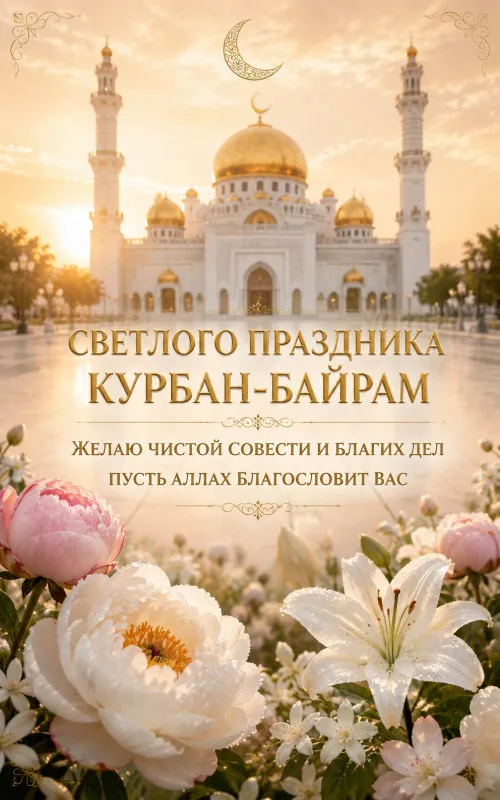 Открытки с праздником Курбан-байрам. Открытки с мечетью и полумесяцем на Курбан-байрам