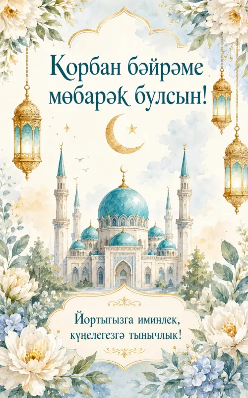 Открытки с праздником Курбан-байрам. Открытки на татарском языке: Корбан бәйрәме мөбарәк булсын