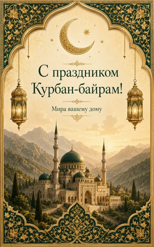 Открытки с праздником Курбан-байрам. Открытки с мечетью и полумесяцем на Курбан-байрам